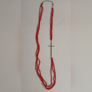 Vibrant Red Beaded Necklace with Cross Pendant